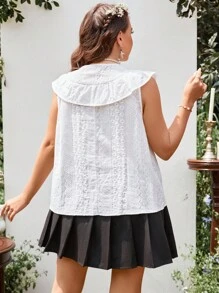 Flirla Plus Eyelet Embroidery Ruffle Trim Blouse - White - View 2