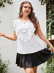 Flirla Plus Eyelet Embroidery Ruffle Trim Blouse - White - View 5