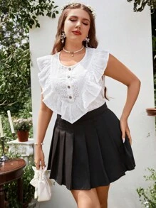 Flirla Plus Eyelet Embroidery Ruffle Trim Blouse - White - View 7