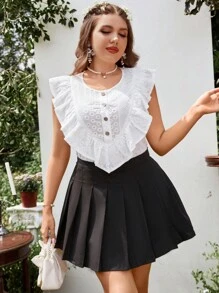 Flirla Plus Eyelet Embroidery Ruffle Trim Blouse - White - View 8