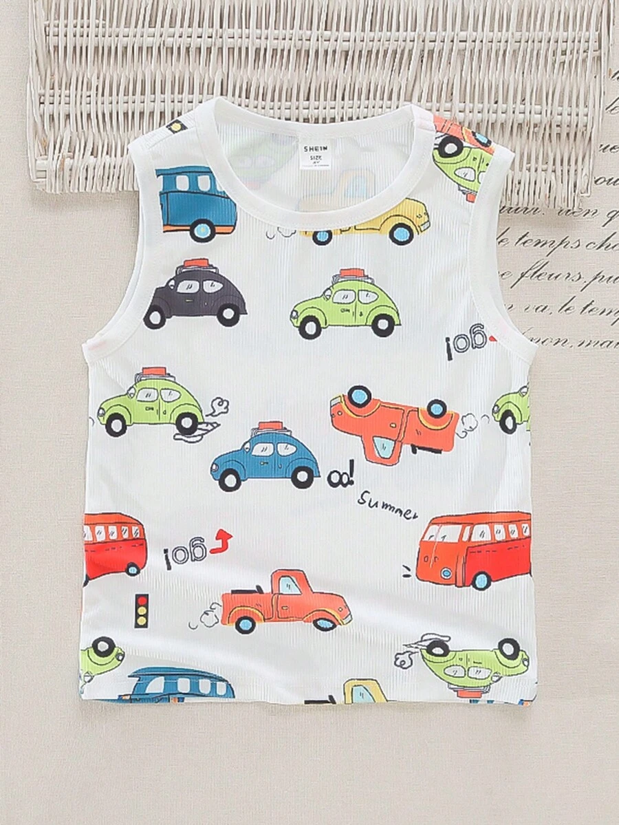 SHEIN 小男童卡通圖案背心上衣 - 白色 - 查看 1