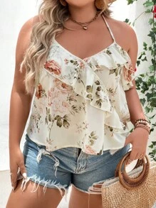 SHEIN LUNE 大碼印花荷葉邊掛脖上衣 - 杏色 - 查看 1