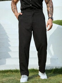 Manfinity Men Striped Print Slant Pocket Suit Trousers - Black - View 1