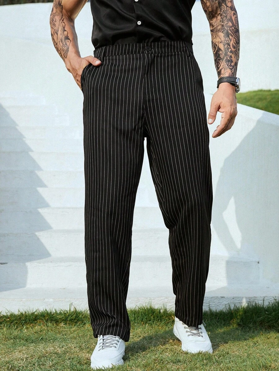 Manfinity Men Striped Print Slant Pocket Suit Trousers - Black - View 1
