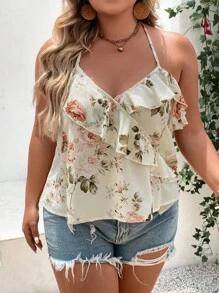 SHEIN LUNE 大碼印花荷葉邊掛脖上衣 - 杏色 - 查看 3