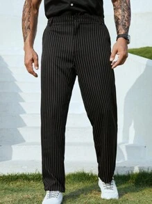 Manfinity Men Striped Print Slant Pocket Suit Trousers - Black - View 3