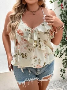 SHEIN LUNE 大碼印花荷葉邊掛脖上衣 - 杏色 - 查看 4