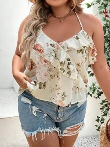 SHEIN LUNE 大碼印花荷葉邊掛脖上衣 - 杏色 - 查看 5