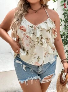 SHEIN LUNE 大碼印花荷葉邊掛脖上衣 - 杏色 - 查看 6