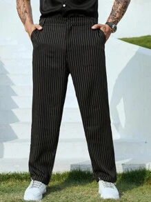 Manfinity Men Striped Print Slant Pocket Suit Trousers - Black - View 5