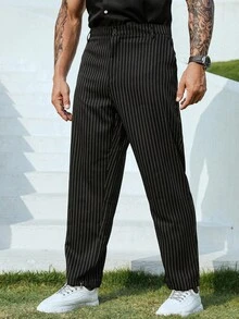 Manfinity Men Striped Print Slant Pocket Suit Trousers - Black - View 6