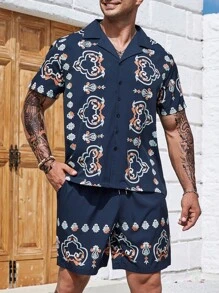 Manfinity Homme 男士大码印花襯衫和短褲 - 藏蓝色 - 查看 5