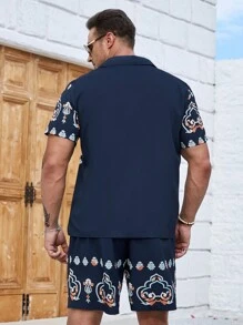 Manfinity Homme 男士大码印花襯衫和短褲 - 藏蓝色 - 查看 2