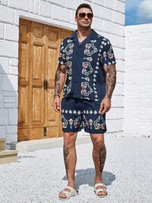 Manfinity Homme 男士大码印花襯衫和短褲 - 藏蓝色 - 查看 4