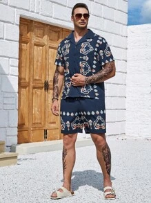 Manfinity Homme 男士大码印花襯衫和短褲 - 藏蓝色 - 查看 1