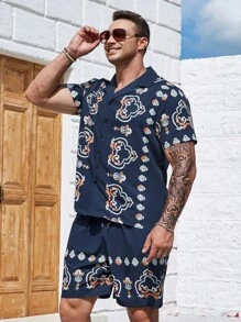 Manfinity Homme 男士大码印花襯衫和短褲 - 藏蓝色 - 查看 6