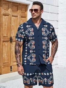 Manfinity Homme 男士大码印花襯衫和短褲 - 藏蓝色 - 查看 8