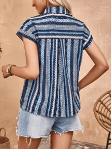 SHEIN VCAY Geo Print Batwing Sleeve Shirt - Blue - View 2