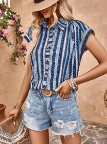 SHEIN VCAY Geo Print Batwing Sleeve Shirt - Blue - View 5