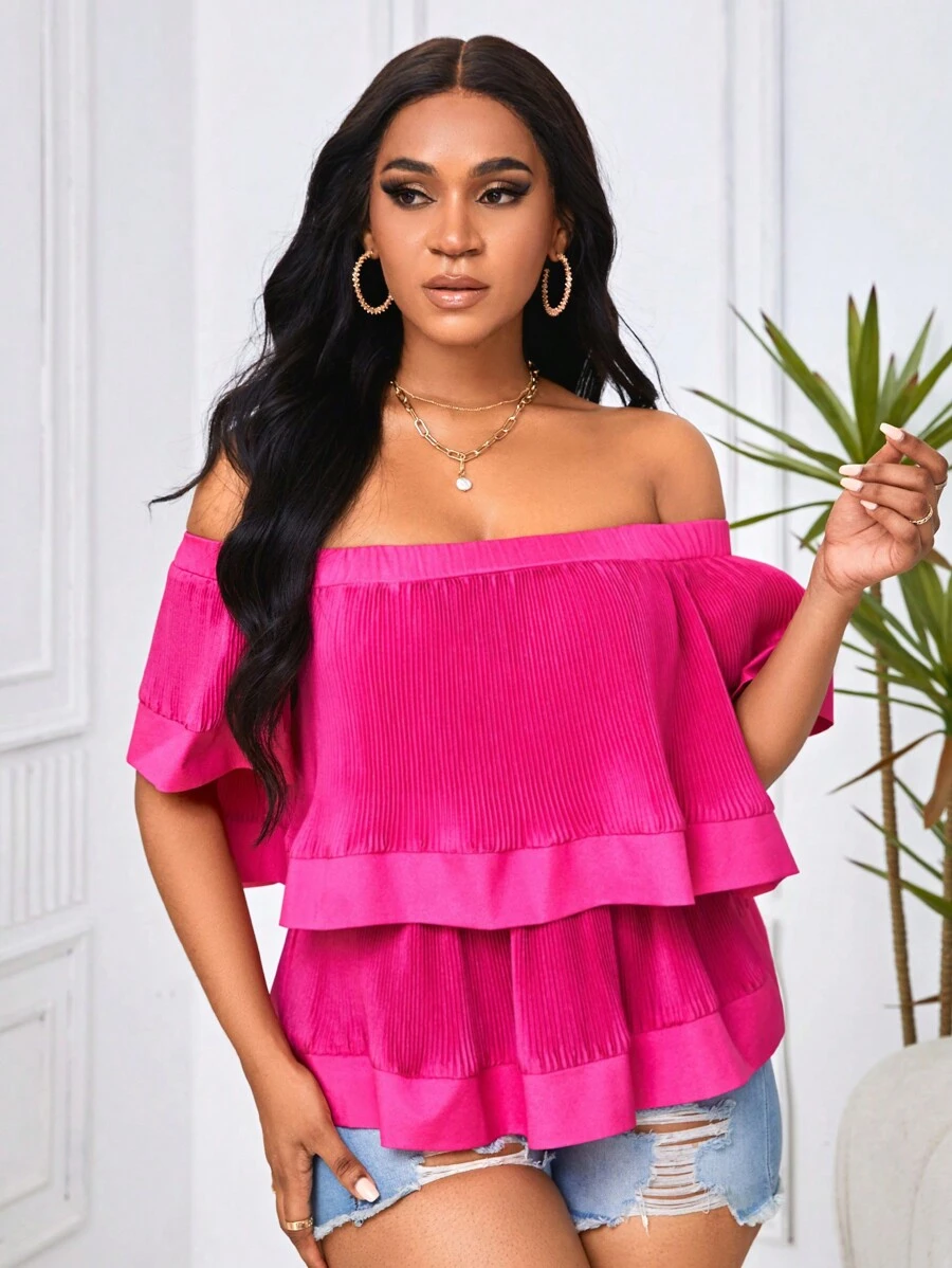 Slaydiva Off Shoulder Ruffle Trim Blouse - Hot Pink - View 1