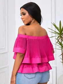 Slaydiva Off Shoulder Ruffle Trim Blouse - Hot Pink - View 2