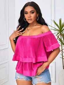 Slaydiva Off Shoulder Ruffle Trim Blouse - Hot Pink - View 5