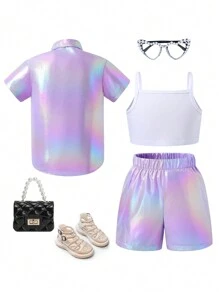 SHEIN 小女童素色吊帶上衣和鐳射襯衫和短褲