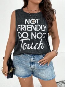 SHEIN LUNE Plus Slogan Graphic Tank Top - Black - View 1
