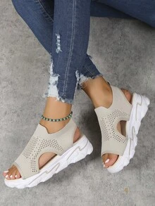 女士一腳蹬鏤空運動涼鞋,運動滌綸運動涼鞋適合夏天 - 米色 - 查看 2