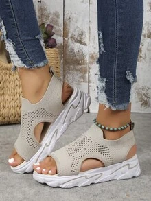 女士一腳蹬鏤空運動涼鞋,運動滌綸運動涼鞋適合夏天 - 米色 - 查看 4