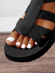 女性輕便羅馬涼鞋,度假戶外黑色平底涼鞋