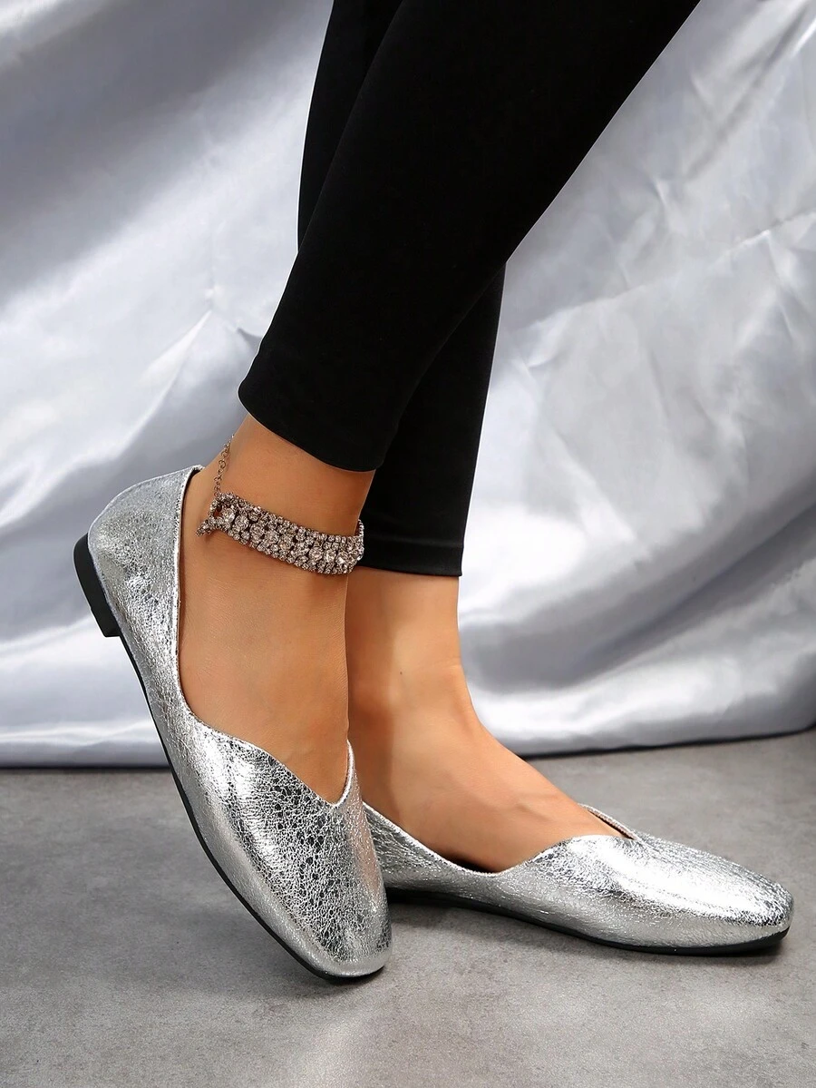 Women Metallic V Cut Design Flats, Glamorous Silver Square Toe Ballet Flats For Outdoor - Silver - View 1