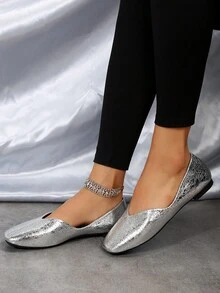 Women Metallic V Cut Design Flats, Glamorous Silver Square Toe Ballet Flats For Outdoor - Silver - View 2