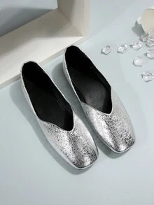 Women Metallic V Cut Design Flats, Glamorous Silver Square Toe Ballet Flats For Outdoor - Silver - View 3