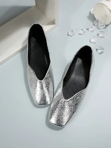 Women Metallic V Cut Design Flats, Glamorous Silver Square Toe Ballet Flats For Outdoor - Silver - View 5