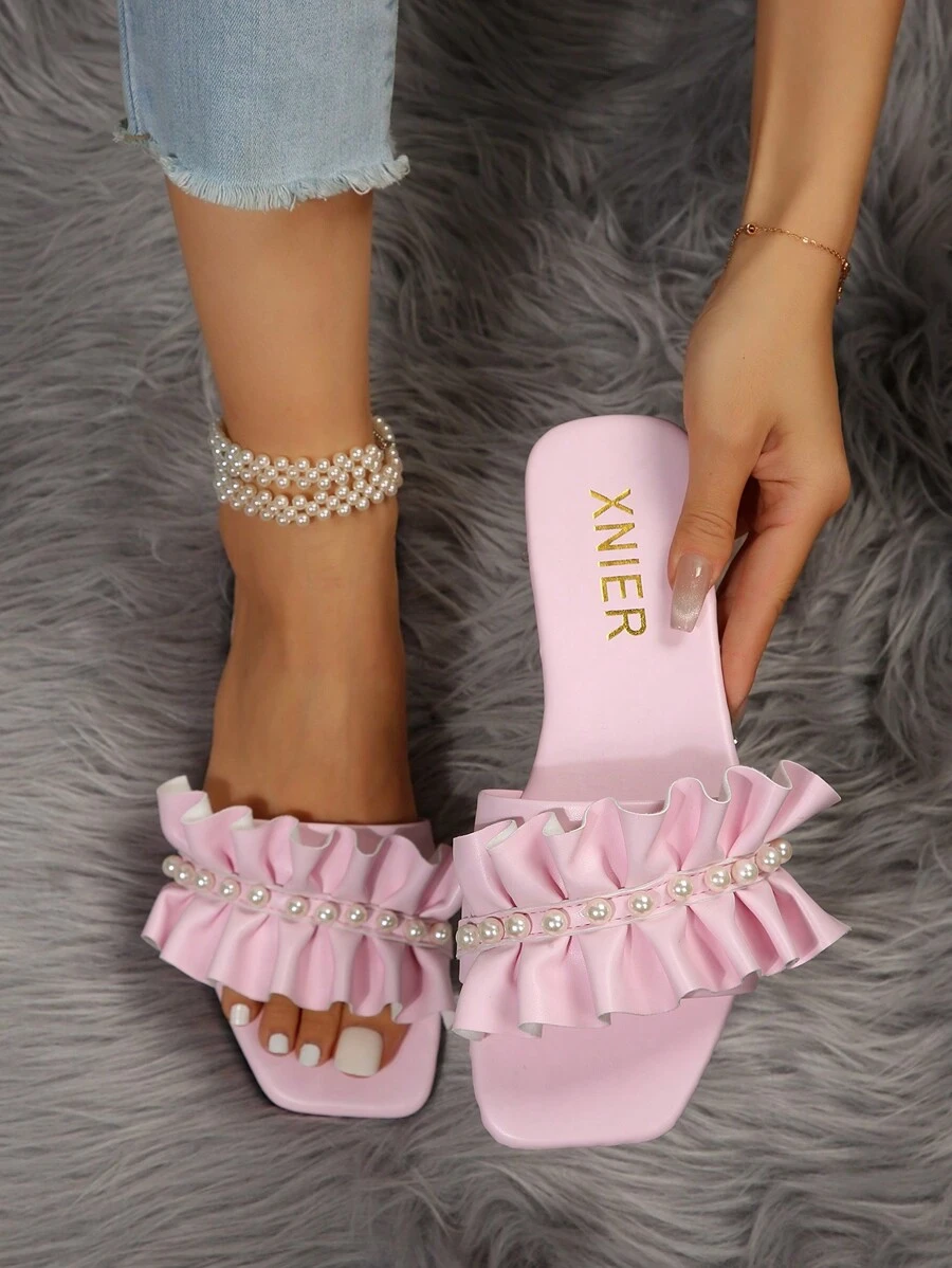 Women Faux Pearl Decor Ruched Design Single Band Flat Sandals, Fashion Open Toe Slide Sandals For Summer Valentines - Pink - View 1