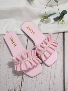 Women Faux Pearl Decor Ruched Design Single Band Flat Sandals, Fashion Open Toe Slide Sandals For Summer Valentines - Pink - View 3