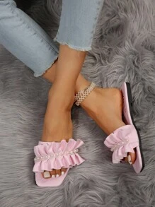 Women Faux Pearl Decor Ruched Design Single Band Flat Sandals, Fashion Open Toe Slide Sandals For Summer Valentines - Pink - View 6