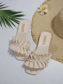 FRIFUL Women Faux Pearl Decor Ruffle Trim Flat Sandals, Fashionable Beige Slide Sandals For Summer Valentines - Beige - View 2