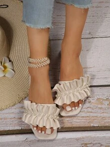 FRIFUL Women Faux Pearl Decor Ruffle Trim Flat Sandals, Fashionable Beige Slide Sandals For Summer Valentines - Beige - View 6