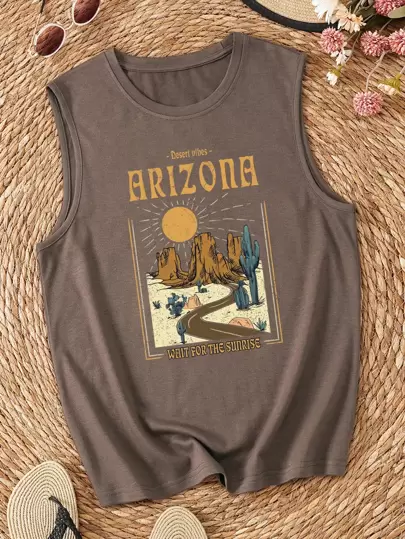 Sun & Cactus Print Tank Top Desert Vibes ARIZONA WAIT FOR THE SUNRISE Graphic Tees Women Tops