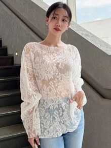 DAZY 花卉圖案網紗落肩袖襯衫不附文胸 - 米色 - 查看 6