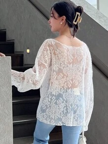 DAZY 花卉圖案網紗落肩袖襯衫不附文胸 - 米色 - 查看 2