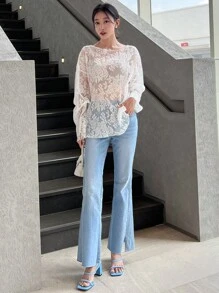 DAZY 花卉圖案網紗落肩袖襯衫不附文胸 - 米色 - 查看 3