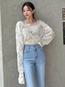 DAZY 花卉圖案網紗落肩袖襯衫不附文胸 - 米色 - 查看 5