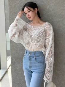 DAZY 花卉圖案網紗落肩袖襯衫不附文胸 - 米色 - 查看 1