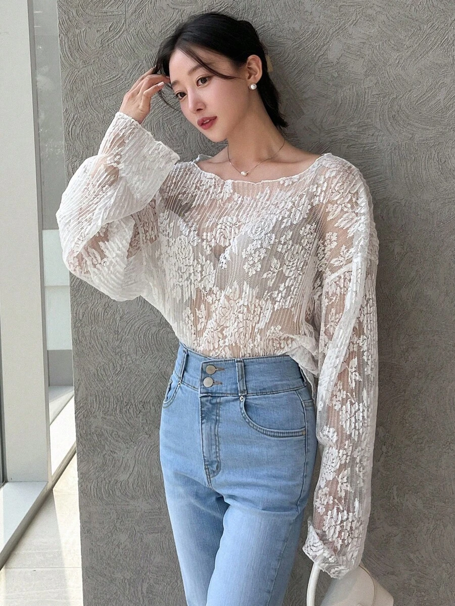 DAZY 花卉圖案網紗落肩袖襯衫不附文胸 - 米色 - 查看 1