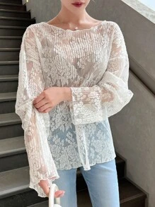 DAZY 花卉圖案網紗落肩袖襯衫不附文胸 - 米色 - 查看 7