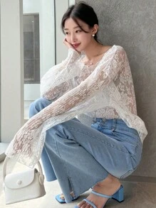 DAZY 花卉圖案網紗落肩袖襯衫不附文胸 - 米色 - 查看 8