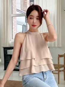 DAZY Business Casual Plain Sleeveless Blouse For Women Going Out Tops - Apricot - View 8